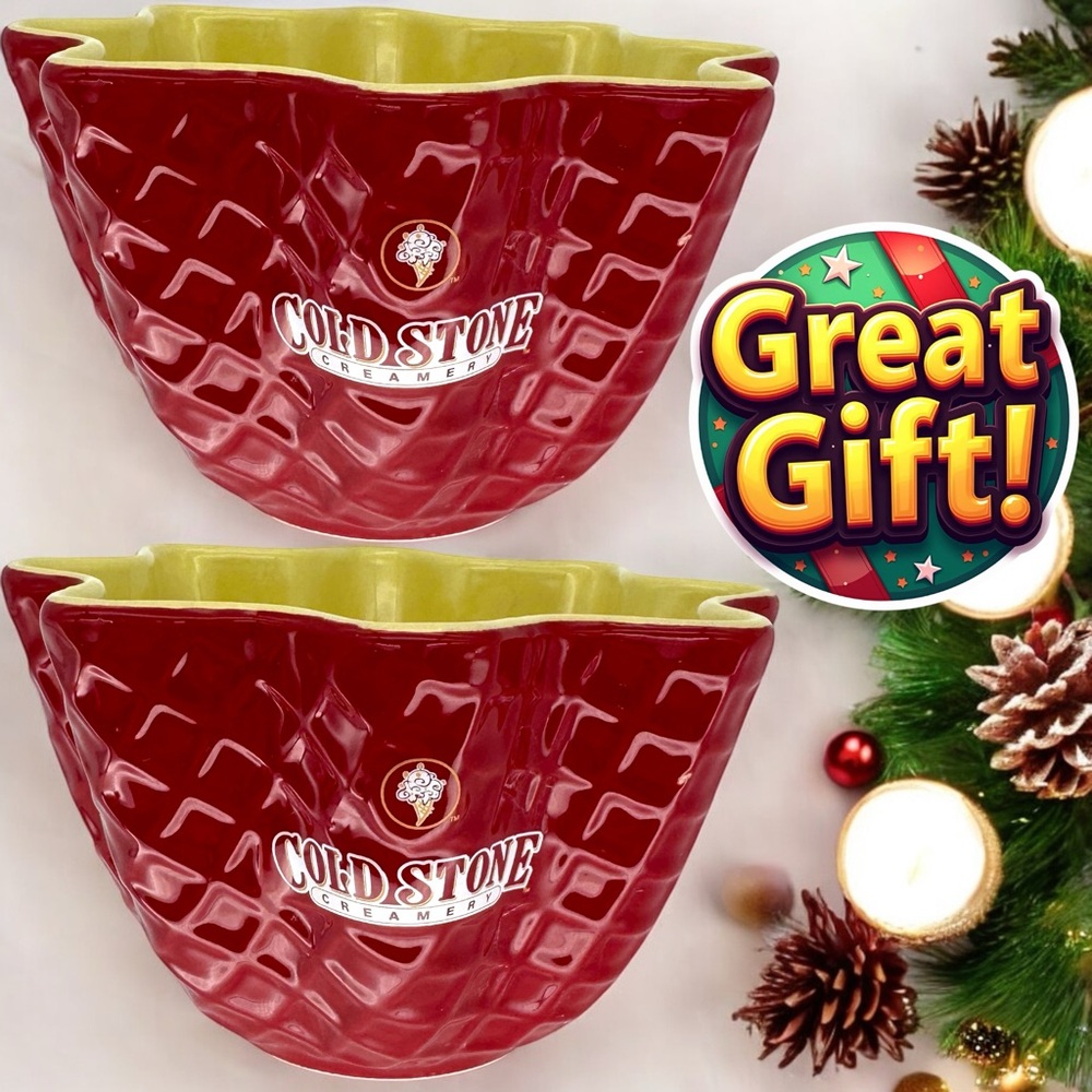 Cold Stone Creamery Ceramic Ice Cream Dessert Bowls Set of 2 Red Cream Gift